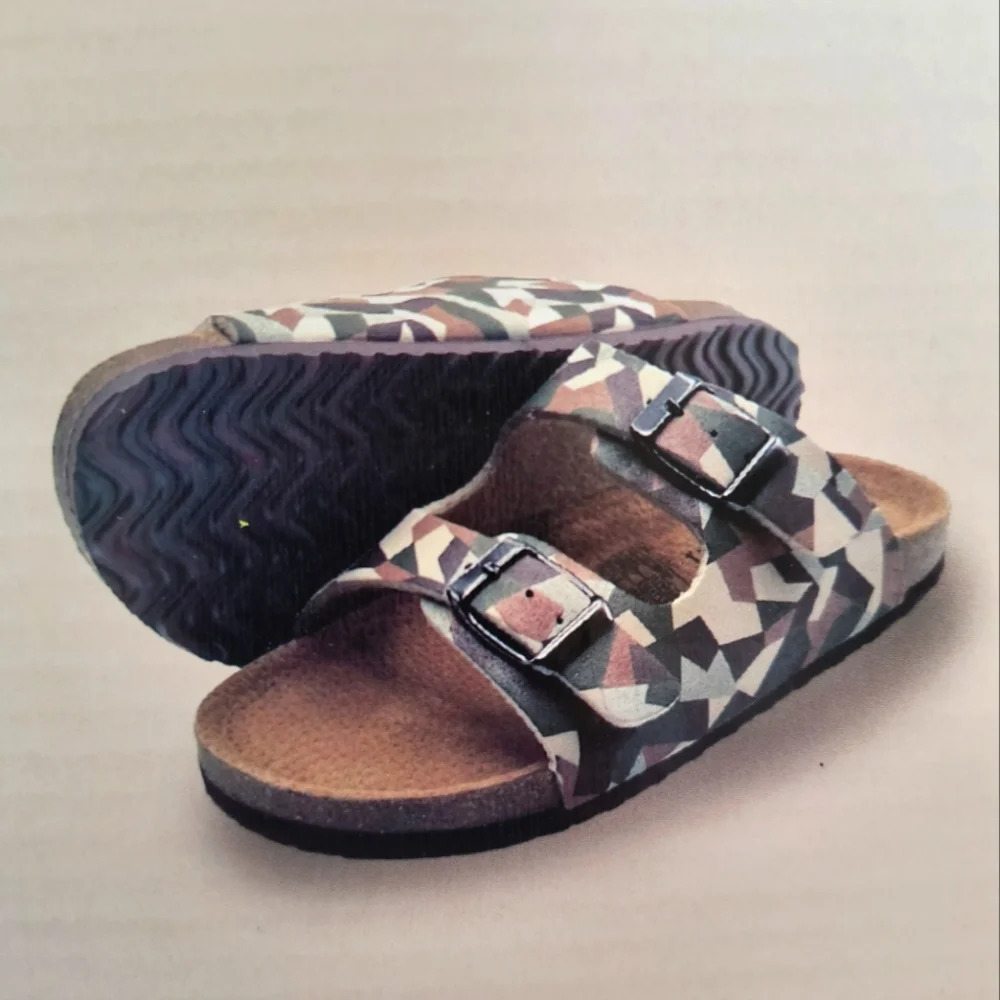Cream tan brown green Birkenstock style sandals kids camouflage style pattern